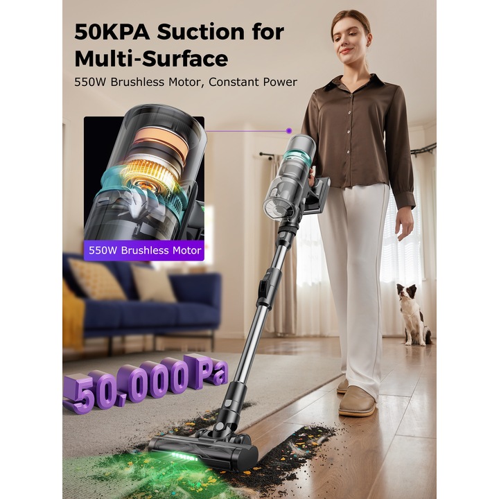 Aspirator vertical fara fir Proscenic P16 G, 550W, 55 kPa, Aspirator de mana cu tub pliabil, autonomie de 65 min, LED, Vertect™ verde, potrivit pentru par de animale, gri