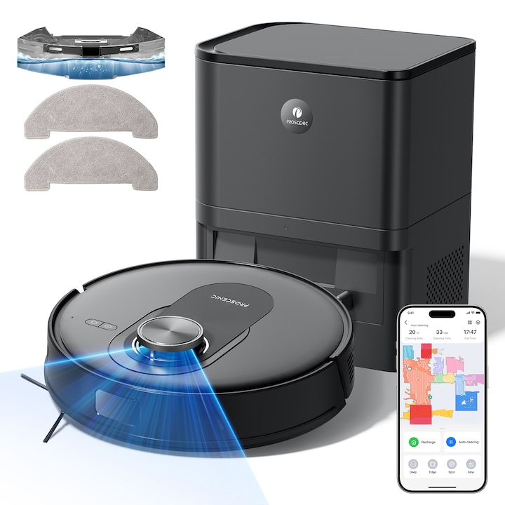Aspirator robot Proscenic Q8 Max cu mop, Robot de aspirare, 6000Pa, 200 de minute, Alexa, Google Home, Siri sau IFTTT, navigare LiDAR la 360°, aspirator robot, 2 litri