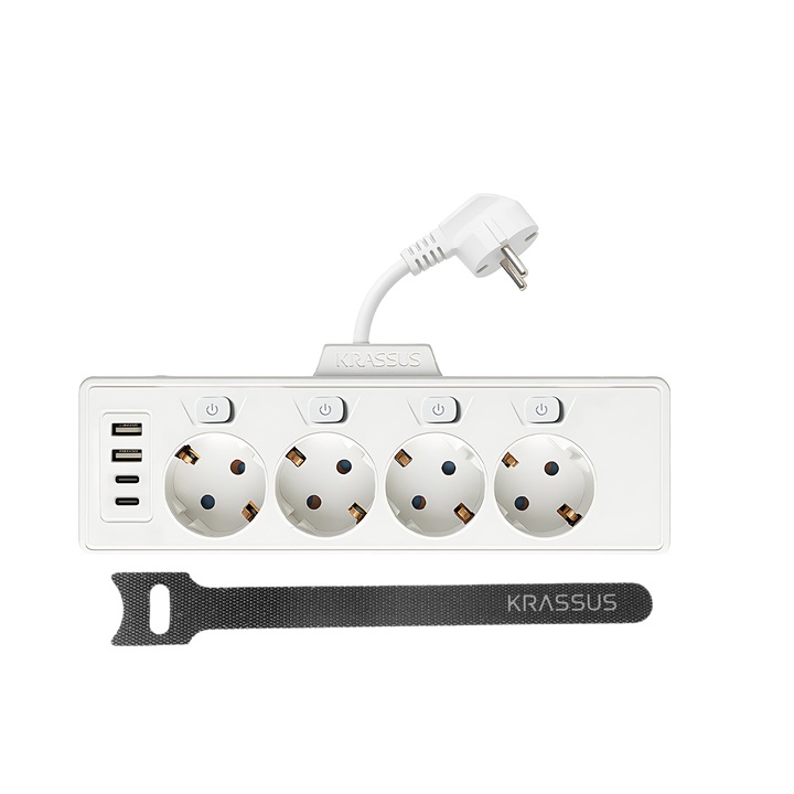 Електрически удължителен кабел с 4 отделни SCHUKO контакта с бутон, Krassus E50-4, 4 x USB (2x Type C + 2x USB-A), 250V, 3680W, Защита от деца, 50 см кабел, бял