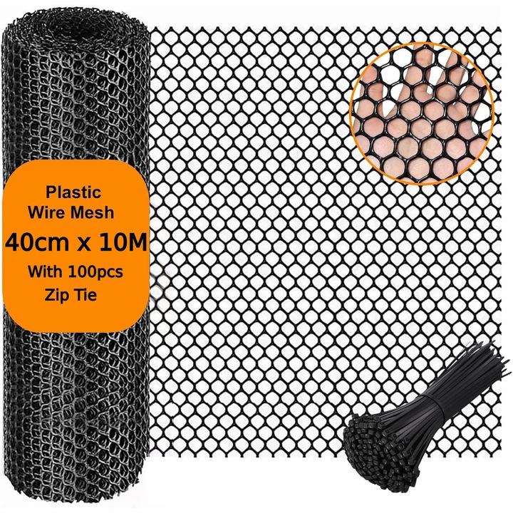 Panou Gard din Plastic, TopGearWorld®, 0.8cm, Usor de taiat, Cu 100 de legaturi de cablu, 40cm x 10m, Negru