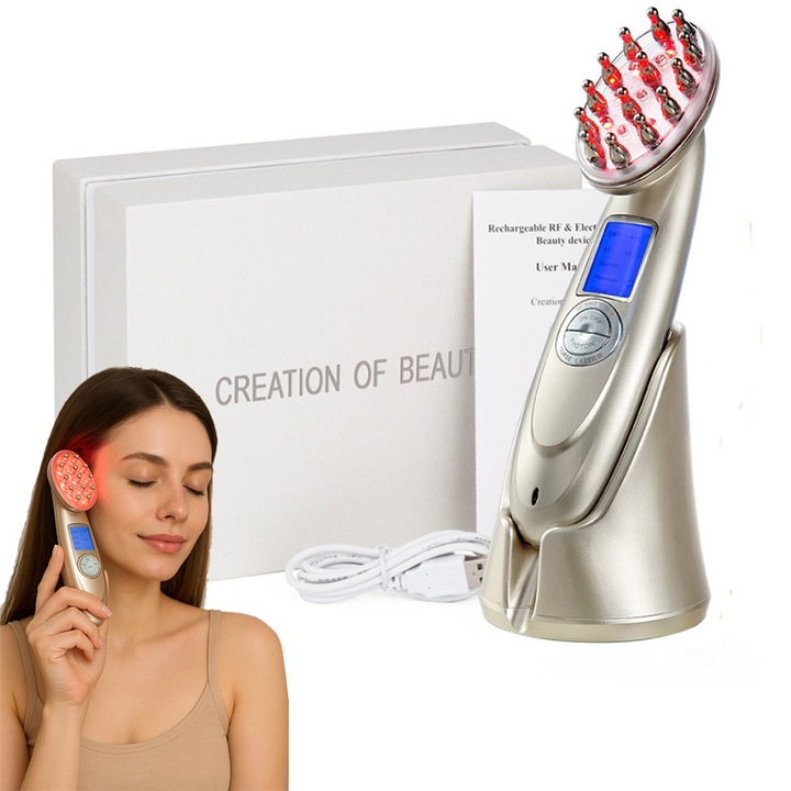 Perie de Par Electrica cu Laser pentru Cresterea si Regenerarea Parului, Masaj Capilar, Tratament Anticadere Par cu Lumina Infrarosie, Vibratii Ultrasonice, Functionare Fara Fir, LED, Culoare Aurie