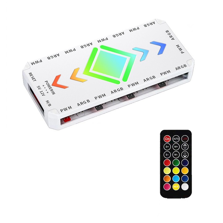 ARGB и PWM хъб 9 порта за A-RGB и PWM хъб за вентилатори за кутия с контролер и SATA захранващ вход, магнитен разделител за задна платка 5V/3PIN ARGB адаптер за хъб за вентилатори за кутия, PWM ARGB вентилатор, бял