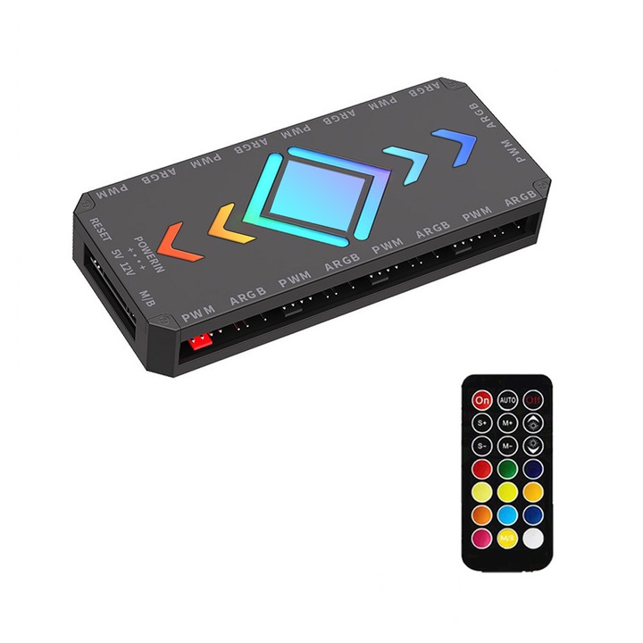 Хъб за вентилатори за кутия с контролер и SATA захранващ вход, 9 порта, A-RGB и PWM, магнитен разделител за задна платка 5V/3PIN, черен