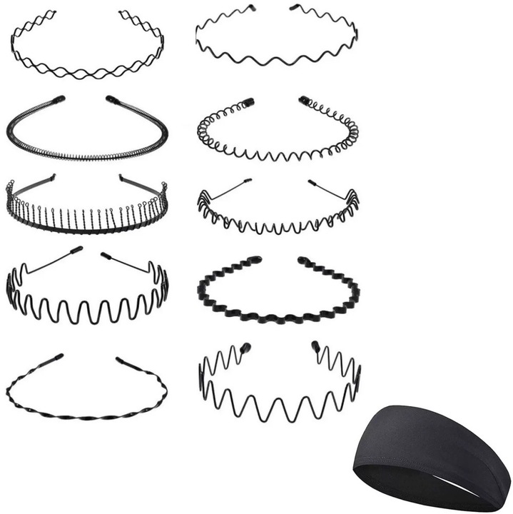 Set de 11 bentite, OEM, Unisex, bentita metalica, bentita elastica, bentite metalice, bentita sport din poliester, multi-style pentru a crea diferite forme de par, negru