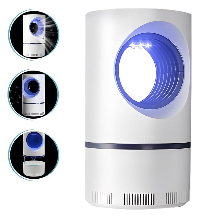 Capcana electrica pentru insecte, alba, cu USB, 12x21cm, sistem de ventilatie silentios