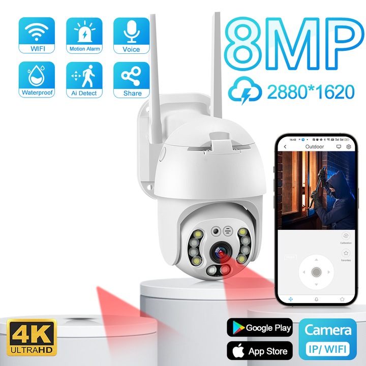 Camera Supraveghere Exterior VERYHDSN A22 4K Ultra HD (8MP), WiFi PTZ Rotativa 360°, Smart Full-Color Night Vision, Audio Bidirectional, Detectie Umana AI, Rezistenta Apa IP66