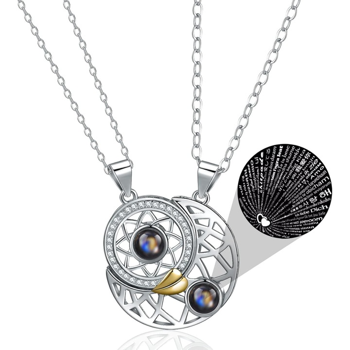 Colier Promisiune pentru El, Bijuterii Pereche Soare si Luna pentru El si Ea, Colier "Te Iubesc" in 100 de Limbi pentru Sot/Sotie, Cupluri