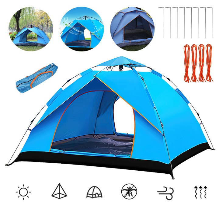 Cort de camping Bedee 200x200x135cm albastru, cort cu deschidere automata rapida pentru 3-4 persoane, impermeabil, rezistent la UV, rezistent la umezeala, design cu usa dubla