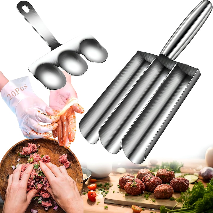 Instrument 3 in 1 Lingura pentru Formare Chiftele, Excitat®, Cupa Metal Inoxidabil, Modelator Manual Neaderent, Utensila Bucatarie, Unelte Gatit Acasa