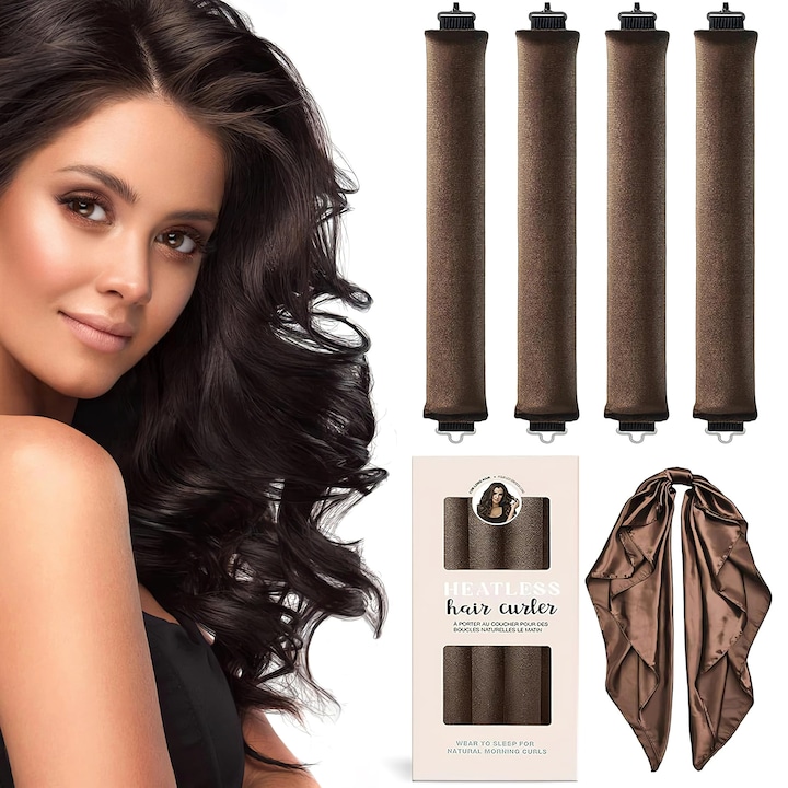 Set 5 Bucle Overnight Fara Caldura, Excitat®, Rolere de Par din Catifea si Satina, Instrument de Infrisat pentru Par Scurt sau Lung, Creati bucle naturale, Maro