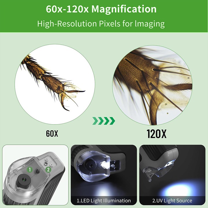 Microscop, Noonedibs, Iluminare LED, Microscop 3 in 1, Marire 60X-120X, Lentila optica PMMA de inalta definitie, Cadou pentru fete baieti, Vine cu lumina LED si lumina UV, portabil, gri