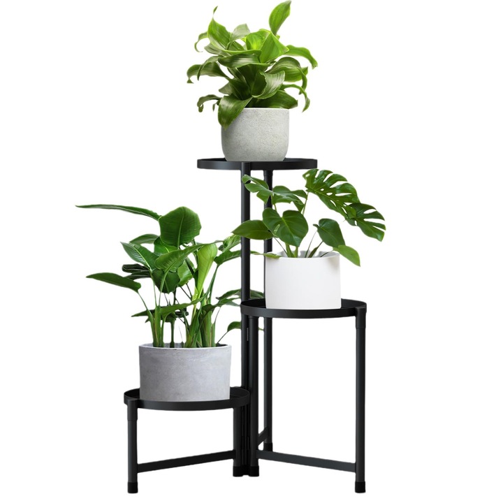 Stand Pentru Plante cu Trei Niveluri Feicaeesa®, Metal Negru, Pliabil, Potrivite Pentru Uz Interior si Exterior