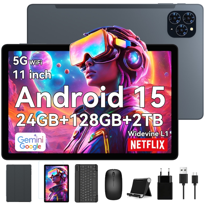 Tableta Blackview T90, 11 inch, Android 15, 5.0, 13MP+5MP, WiFi 6 Tableta, UMS9230E(T615), 24GB Ram(8GB + 16GB extensibili), 1200×1920, 128GB ROM, Expandabil 1TB, 8000mAh, Gris