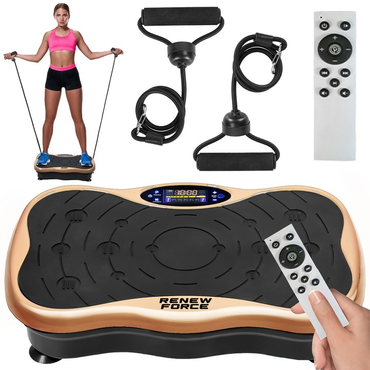 Aparat cu vibromasaj, Platforma vibrationala, 5 programe diferite, 180 niveluri de viteza, afisaj LED, 50Hz, 200W, Amplitudinea vibratiei 0.8 mm, Functie Bluetooth si difuzoare incorporate, telecomanda, 53 x 31 x 13 cm, JF-CFM09-GOLD Renew Force