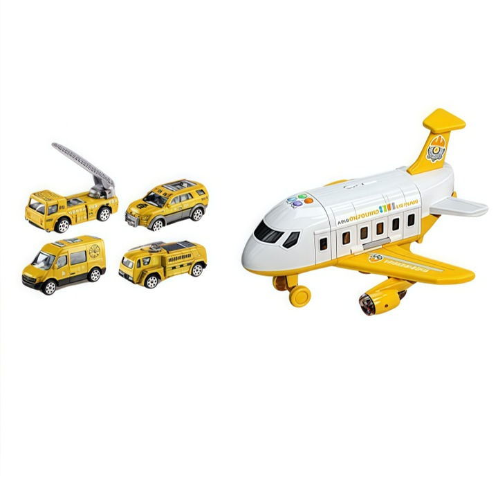 Avion de jucarie, sunet si lumina simulate, invatarea cunostintelor in copilarie, 11 indicatoare rutiere + 4 masini, reincarcabila, galben