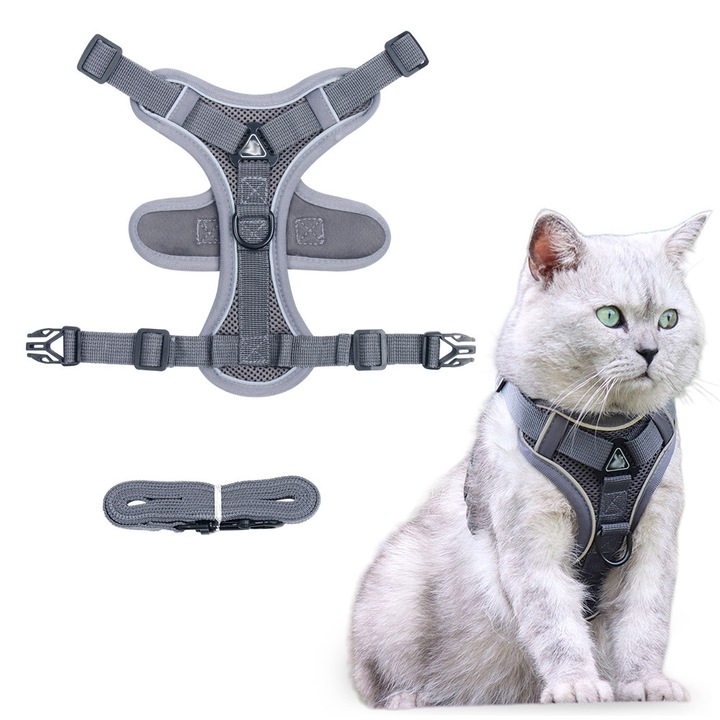 Set Ham si Lesa MUGIM pentru Caini si Pisici, Respirabil cu Benzi reflectorizante, Reglare Elastica, Gri, Max 3kg, S