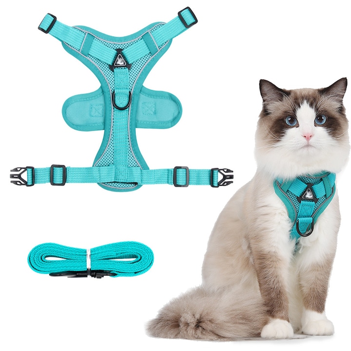 Set Ham si Lesa MUGIM pentru Caini si Pisici, Respirabil cu Benzi reflectorizante, Reglare Elastica, Albastru turcoaz, Max 3kg, S