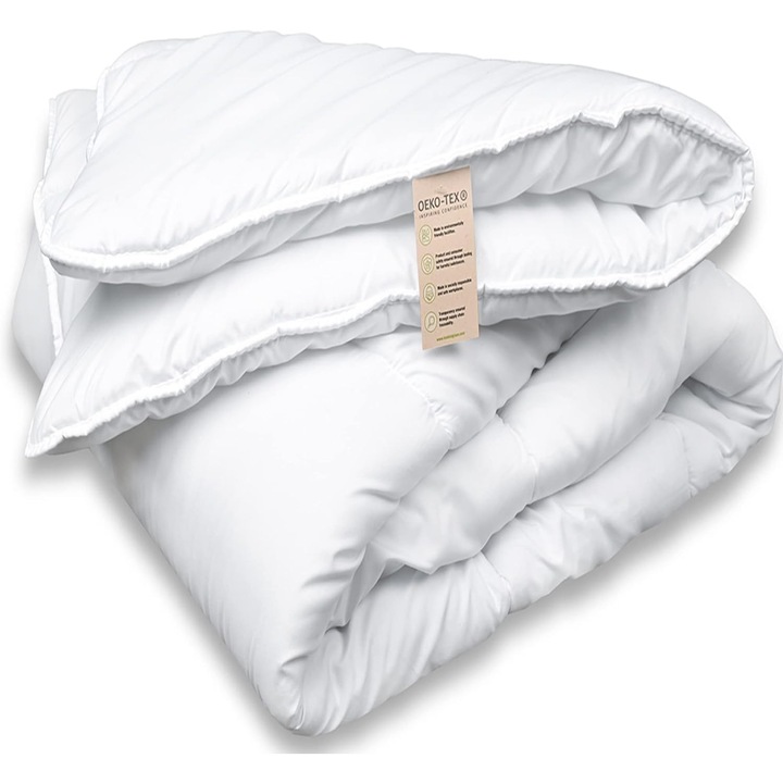 Patura Fam Home, 200 x 200 cm, din poliester reciclat, hipoalergenica, moale si durabila, umplutura fibra goala 350g/m2