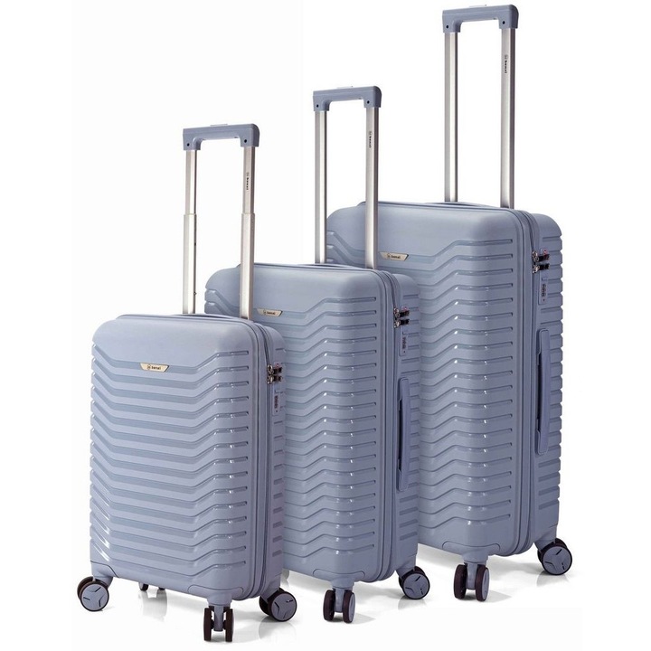 Комплект куфари, Benzi BZ 5820, полипропилен, заключване, 4 колела 360°, 3 броя, Светлосин