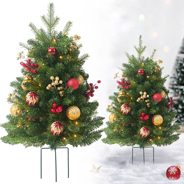 Brad artificial pentru ghiveci YANYXR BCS3156227, cu 60 LED-uri alb cald pre-insirate, alimentare 3xAA, decor cu conuri si boabe rosii/aurii, verde, 40 cm