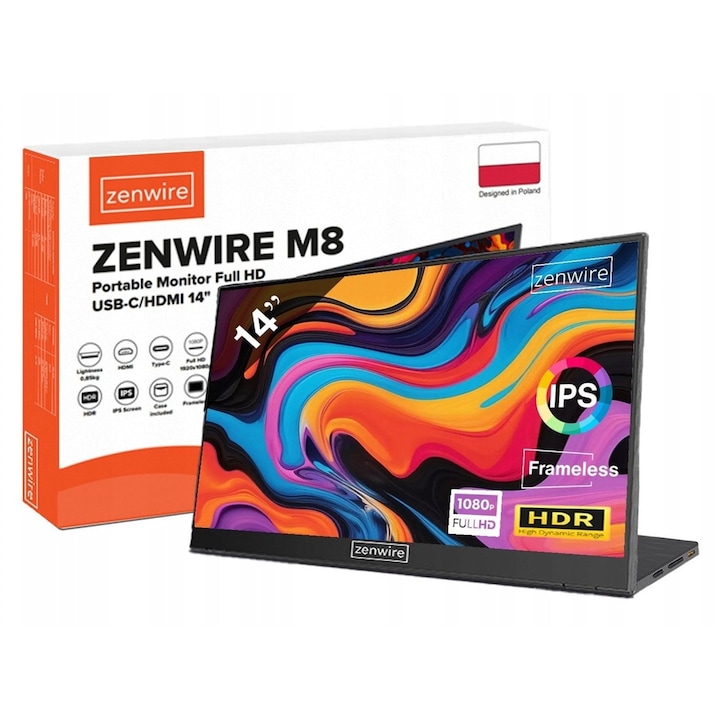 Hordozható monitor, Zenwire, M8, 14" Full HD 1920x1080p 60 Hz, IPS LCD, HDR 10+, 2x USB-C, 2x hangszóró, 16:9, mini HDMI, mini Jack, Smart Stand