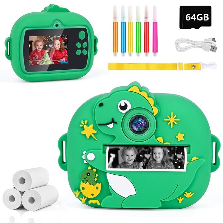 Детска камера за моментално снимане, двойна предна и задна камера, HD видеозапис, MP3 режим, 2.4-инчов екран, с 5-цветна декоративна писалка, 64GB карта памет, 3 ролки хартия, USB-C кабел за данни, термопечат, зелен