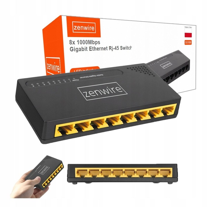 Комутатор 8 порта, Zenwire, SG1008, Gigabit Ethernet, 1000 MBps, 7 LAN порта, 1 WAN порт, 10 / 100 / 1000 Mbps, Full-Duplex, 8 RJ45 входа, Черен
