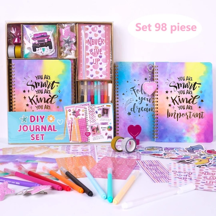 Set Jurnal DIY pentru Fete - 98 de Piese Jurnal pentru Scriere Creativ, Scrapbooking si Arte Manuale - Cadou Perfect pentru Fete de 6-14 Ani