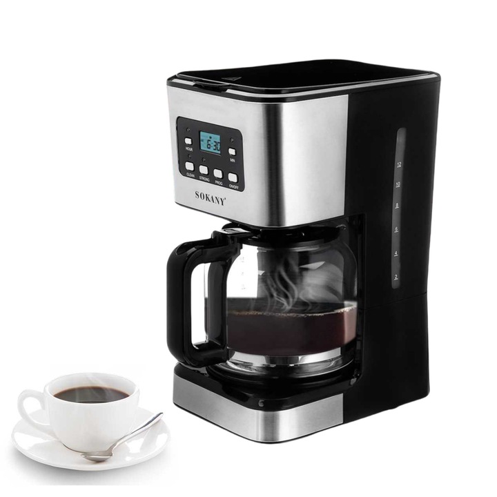 Cafetiera, SOKANY, 950W, vas din sticla, sistem anti-picurare, Display Led, Indicator de nivel al apei, functie de mentinere la cald, oprire automata, Se pot face 12 cesti de cafea, negru