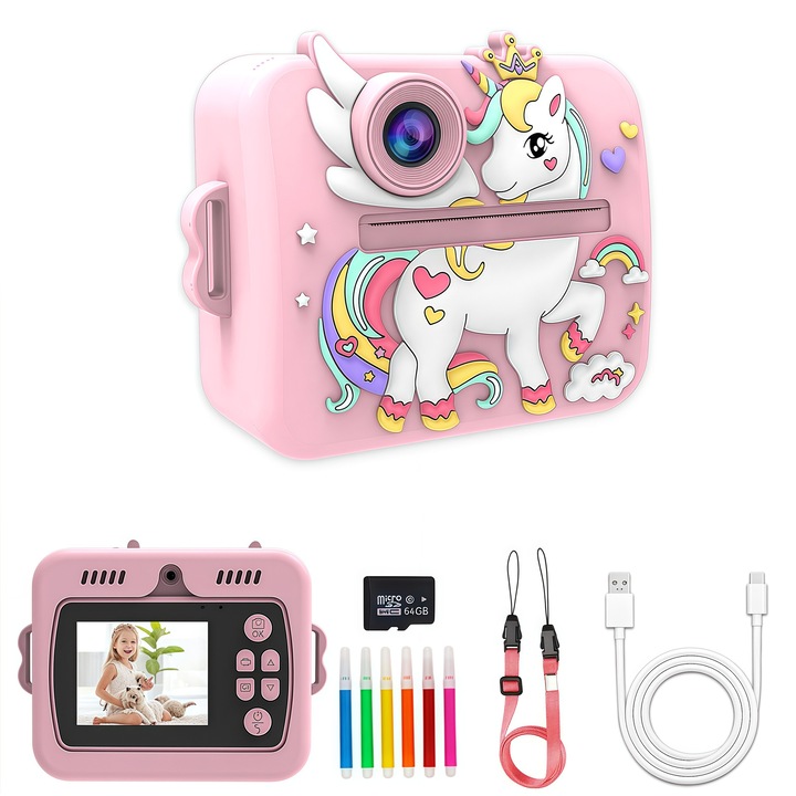 Детска камера за моментално снимане, автофокус, ултра ясно 1080P видео, 2.4-инчов екран, MP3 режим, с 5 цветни декоративни химикалки, 64GB карта памет, 3 ролки хартия, USB-C кабел, включена връзка за носене, печата веднага, розов