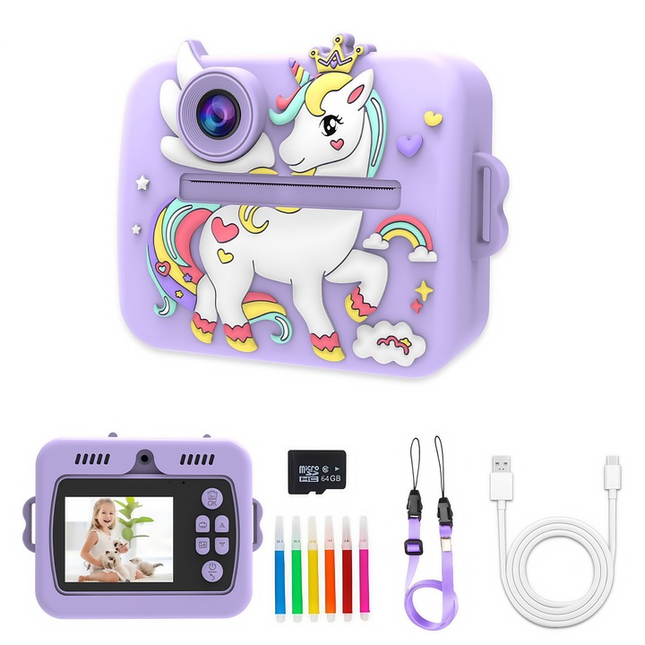 Детска камера за моментално снимане, автофокус, ултра ясно 1080P видео, 2.4-инчов екран, MP3 режим, с 5 цветни декоративни химикалки, 64GB карта памет, 3 ролки хартия, USB-C кабел, включена връзка за носене, печата веднага, лилаво