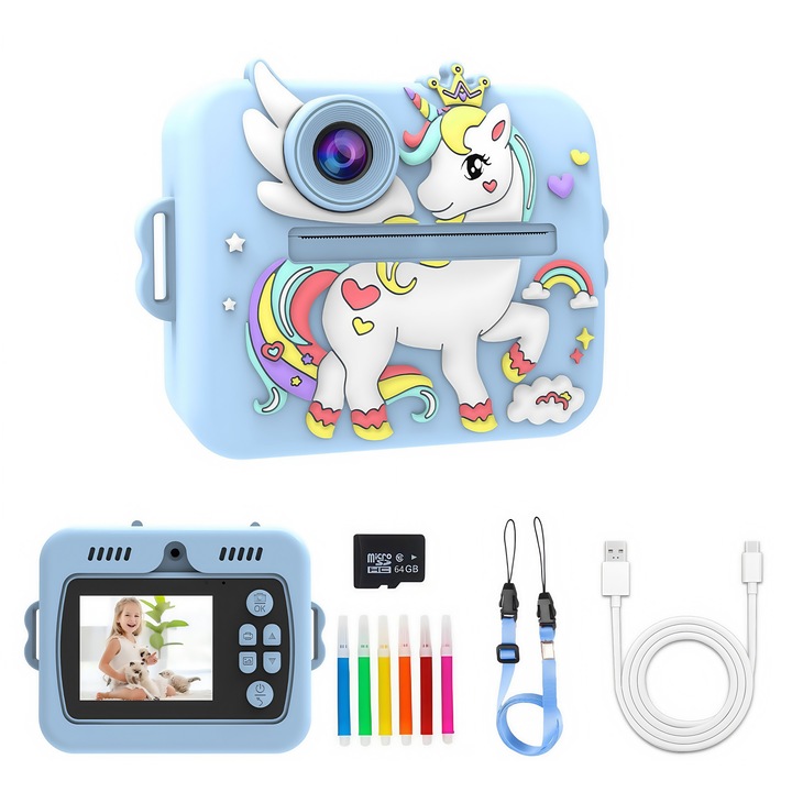 Камера за моментално снимане за деца, автофокус, ултра ясно 1080P видео, 2.4-инчов екран, MP3 режим, с 5 цветни декоративни химикалки, 64GB карта памет, 3 ролки хартия, USB-C кабел, включена връзка за носене, печата веднага, син