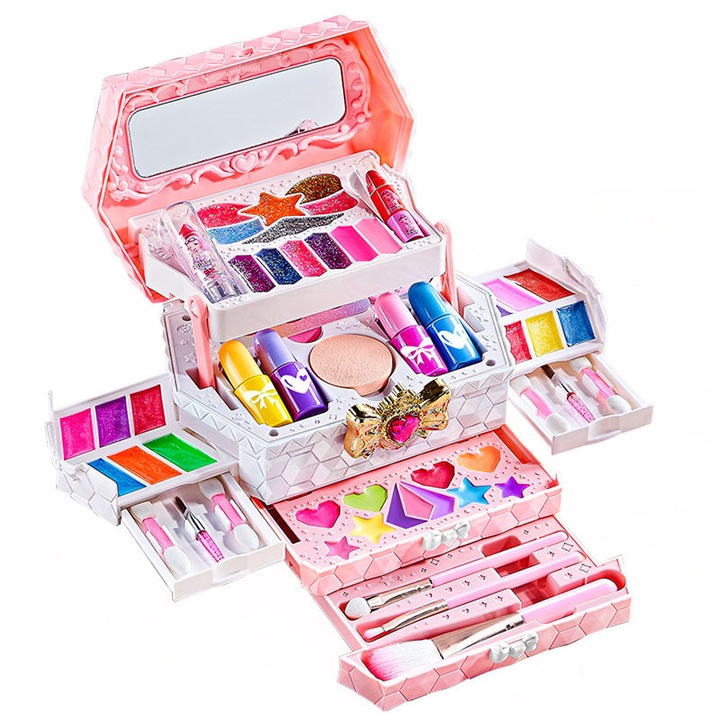 Детски комплект грим, NAXSIR, с червила, сенки за очи, лакове за нокти, четка за козметика, огледало, водоразтворим, устойчив на прах, лесен за почистване, за момичета 3, 4, 5, 6, 7, 8, 9 години