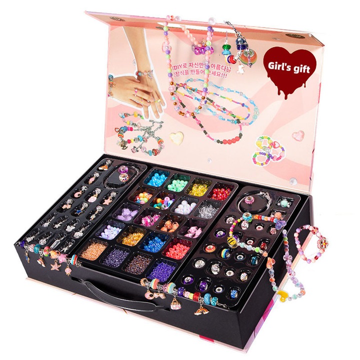 Set creativ DIY bratari, EYUSALL, 1800 PCS accesorii pentru bijuterii, bratari Reglabile cu Lant, coliere, inele, culoare vibranta, lavabil, multicolor