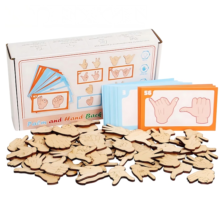 Joc educativ Montessori, joc asociere gesturi pentru dezvoltare cognitiva, senzoriala, motrica fina, non toxic, 60 piese din lemn si 60 cartonase ilustrate, educatie timpurie prin joc pentru copii