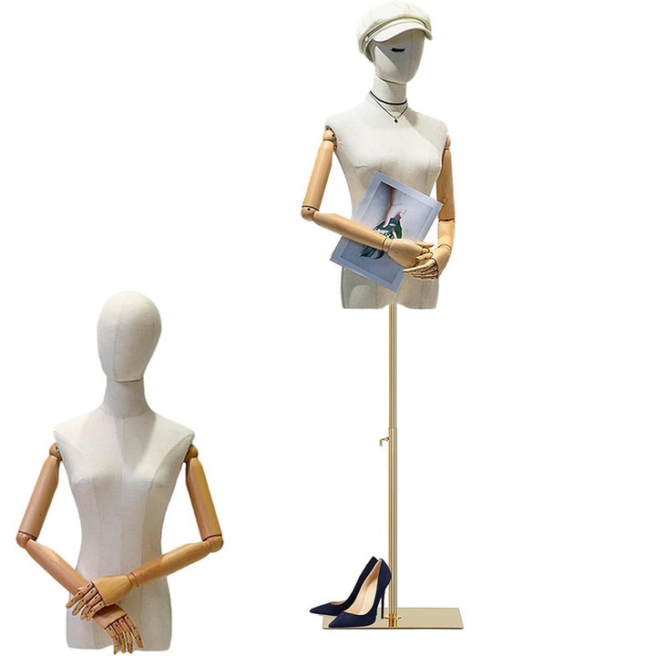 Manechin feminin, manechin de croitorie cu brate din lemn, manechin cu inaltime ajustabila 140-190 cm, suport de expunere, auriu