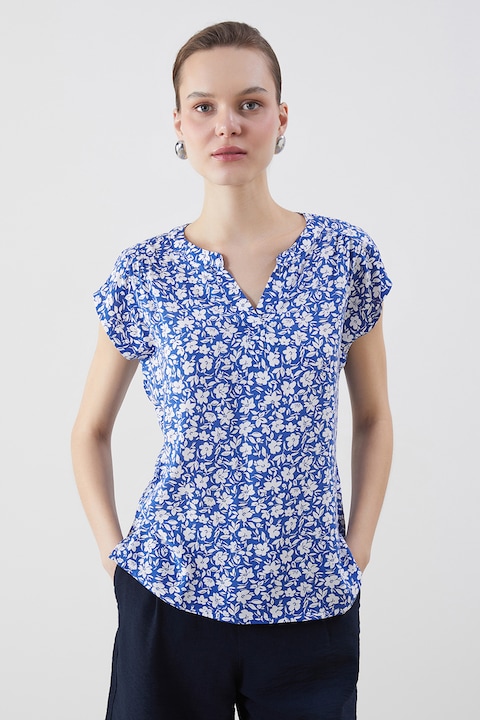 LC WAIKIKI, Bluza-tunica cu imprimeu floral, Alb/Albastru royal