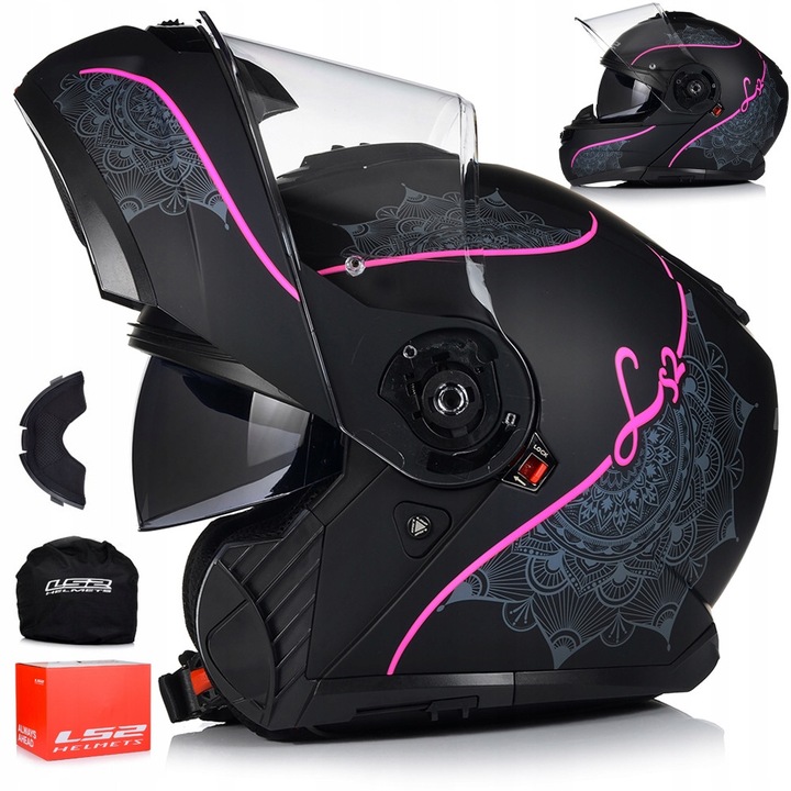 Casca Moto Flip Up, LS2 FF908 Strobe II, ABS, Protectie UV, Negru roz, XL (61-62 cm)