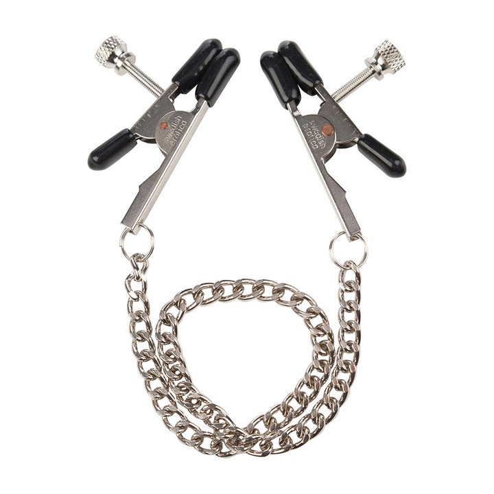 Скоби за зърна BDSM, CalExotics, Метални за зърна, Верижка и тежест, 2 броя