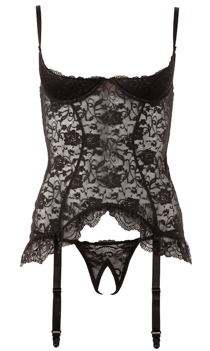 Cottelli fűző, csipke, nyitott kosarakkal, állítható pántokkal, fekete, tangával szettben