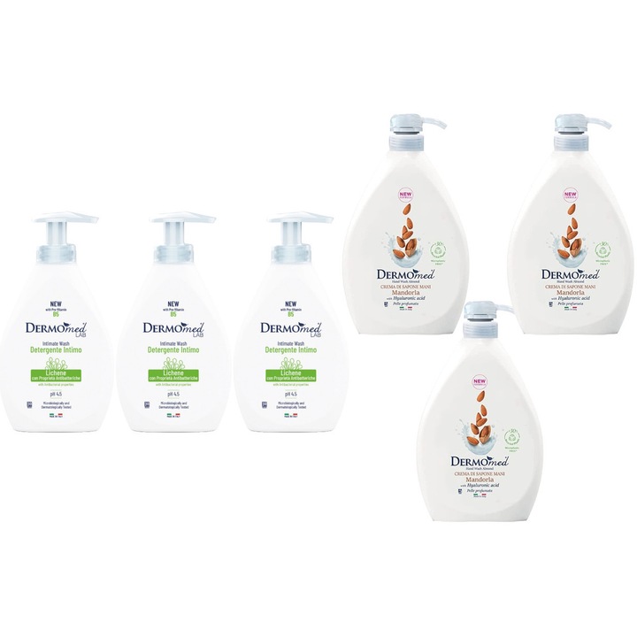 Комплект 6 x Dermomed Variety, 3 x Интимен сапун 250ml Active, 3 x Течен сапун 1l Keratin Almond, флорален аромат, унищожава бактериите, бързо и ефективно, дерматологично тестван, дълготрайна свежест, максимална ефективност, премахва неприятните миризми