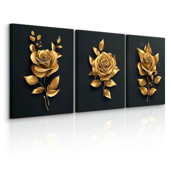 Картина Muralo, Комплект златисти рози Цветя Glamour Style 90 cm x 40 cm 3 X 30-40 Абстракт