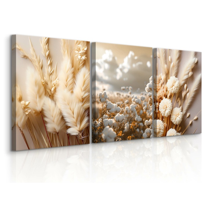 Tablou Muralo, Set Flori Bumbac Ierburi Natura 90 cm x 40 cm 3 X 30-40 Stil Boho Plante