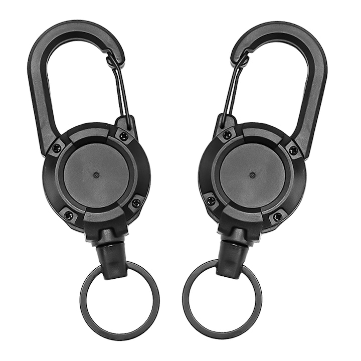 2 db-os behúzható kulcstartó készlet, fém karabiner, 60 cm acélzsinór, 12,5x4,1 cm