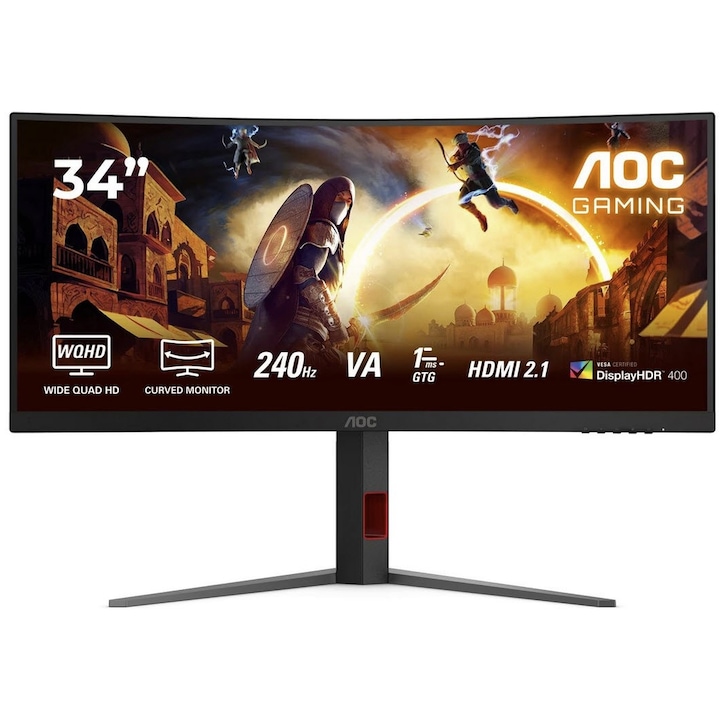 Játékmonitor Fast VA LED AOC 34" CU34G4Z, WQHD 3440x1440, HDMI, DisplayPort, ívelt képernyő, 240 Hz, 1 ms fekete