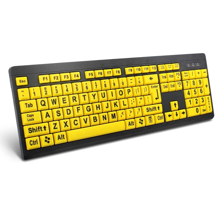 Tastatura USB cu litere mari, design ergonomic, galben-negru, 104 taste, pentru persoanele cu deficiente de vedere