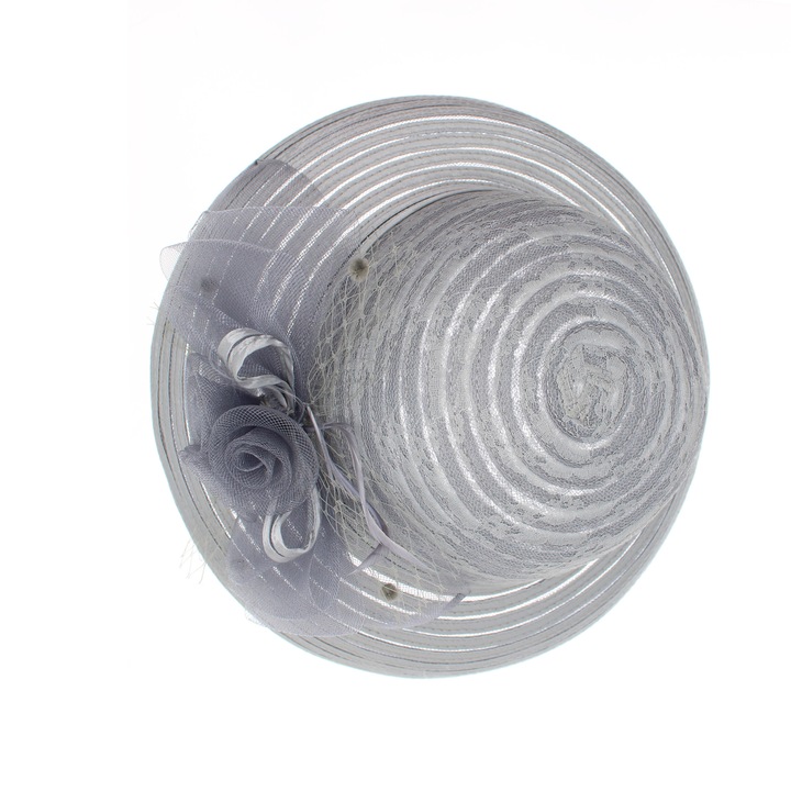 Дамска шапка, изработена от полиестер, Buticcochet, малка периферия с райета и панделка, One size, Сива - PAL1687