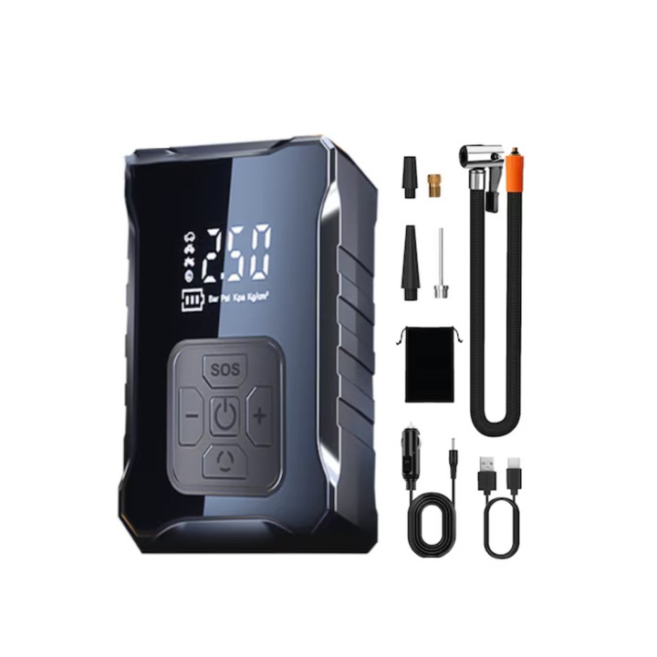 Compresor auto portabil Rqiurpn 150PSI, 15000mAh, furtun 3m, cu manometru digital si LED, pentru anvelope de masina, bicicleta, motocicleta, minge