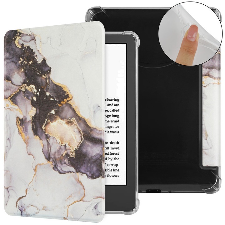 Калъф за Kindle Paperwhite 2024 12-то поколение, 7 инча, многоцветен, удароустойчив, автоматично събуждане/заспиване, прозрачен TPU на гърба, бял мрамор