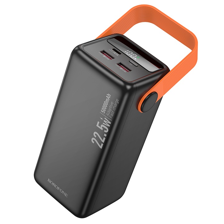 Външна батерия 50000mAh, QC 22.5W и PD 20W зареждане, 2xUSB + Type C, LED дисплей за капацитет / ниво на батерията, LED фенерче, Power bank Borofone BJ66A Magnifico, черен